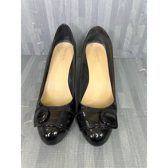 Kate Spade Patent Leather Shoes Black 8.5 Womens Round Toe Textured - Picture 2 of 10
